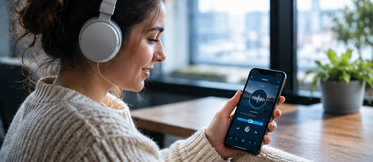 Persona escuchando radio y audio digital por internet con audífonos