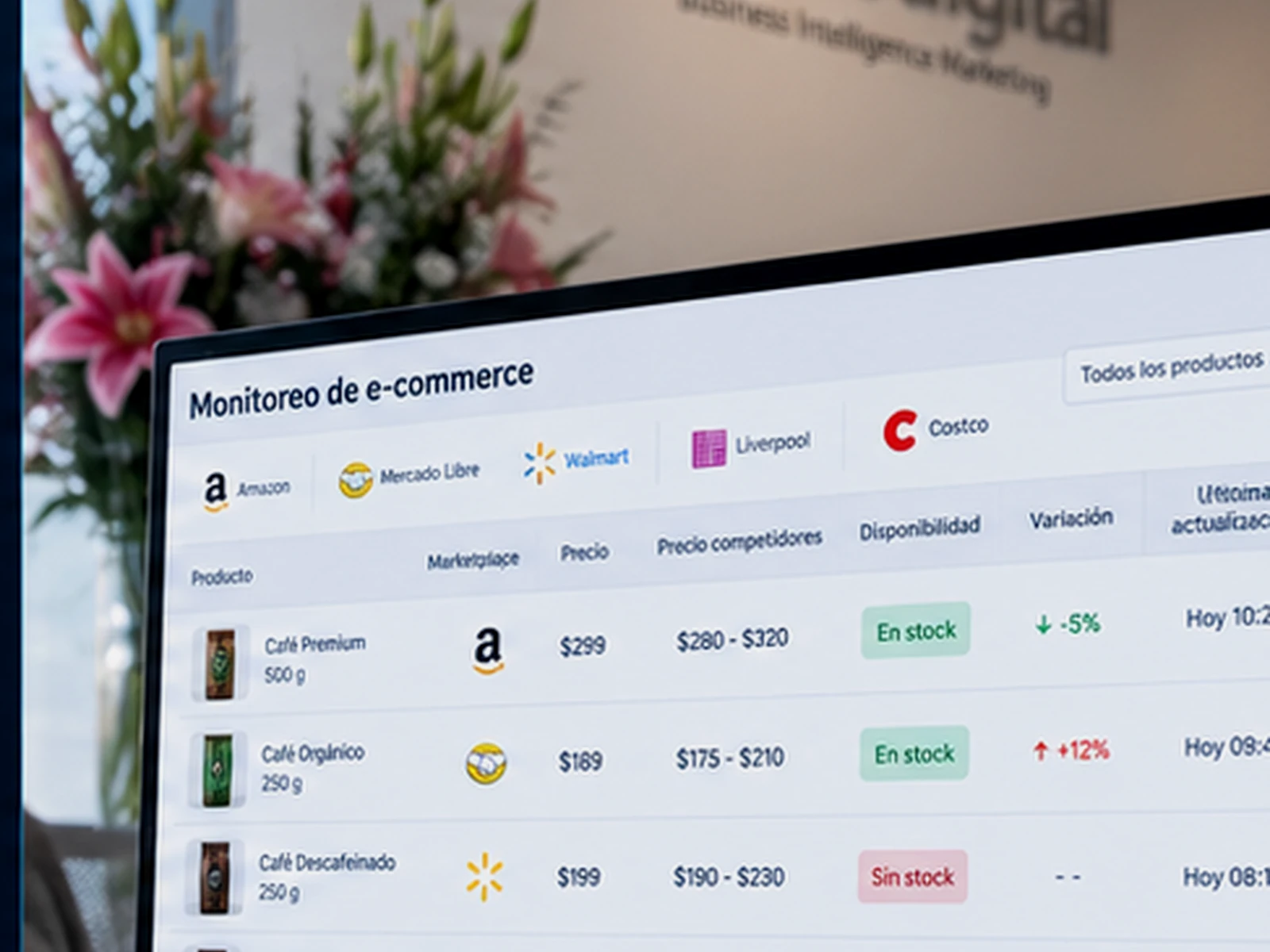 Monitor con tablero de e-commerce monitoring, precios y disponibilidad