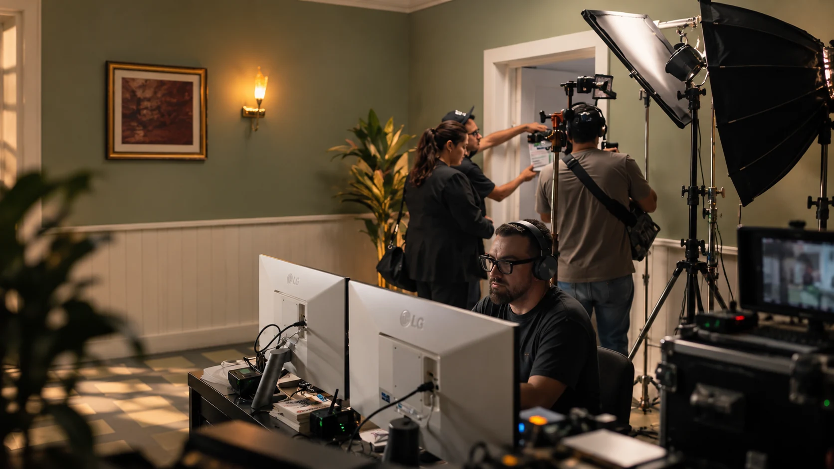 Equipo de producción durante un rodaje y su operación audiovisual
